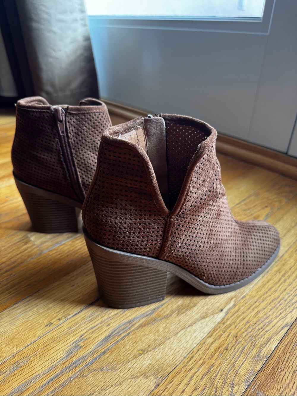 Soda Brown Perforated Ankle Booties with Stacked Heel